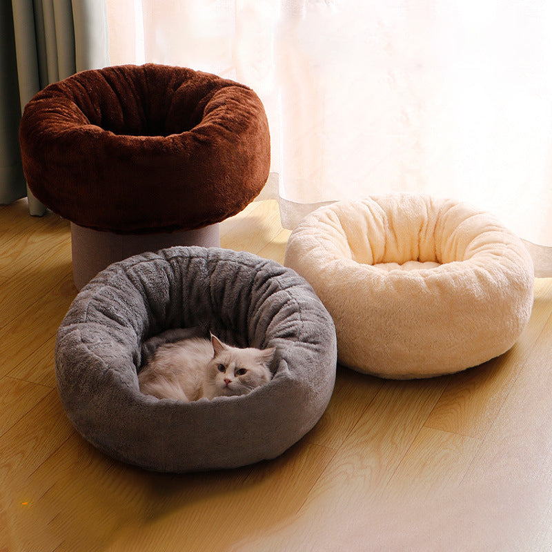 Pet Long Plush Donut Round Comfortable Sleeping Bed