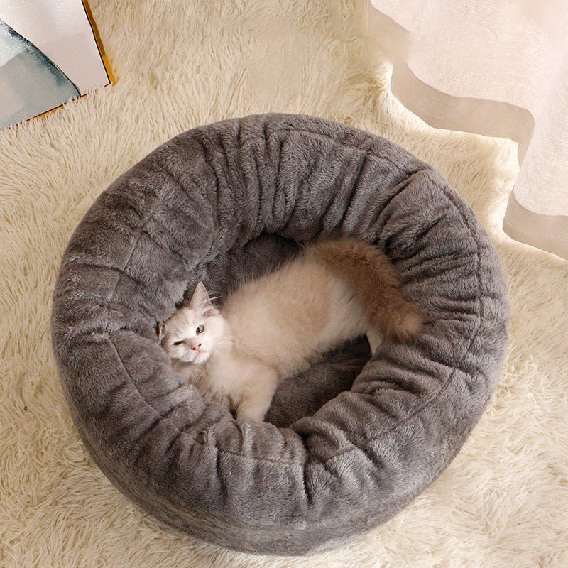 Pet Long Plush Donut Round Comfortable Sleeping Bed