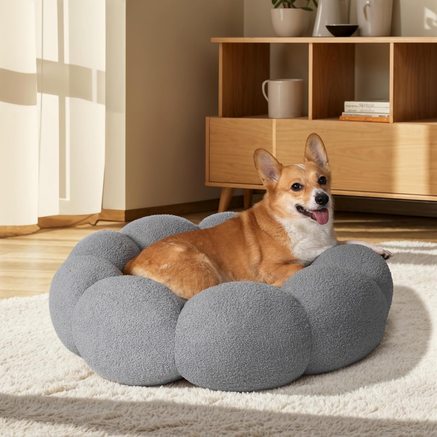 Pet Fluffy Flower Donut Calming Plush Round Bed