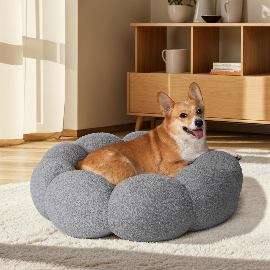 Pet Fluffy Flower Donut Calming Plush Round Bed