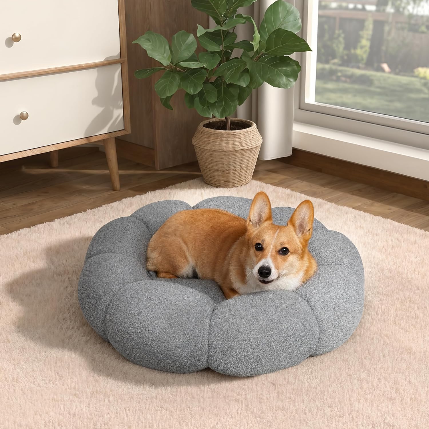 Pet Fluffy Flower Donut Calming Plush Round Bed
