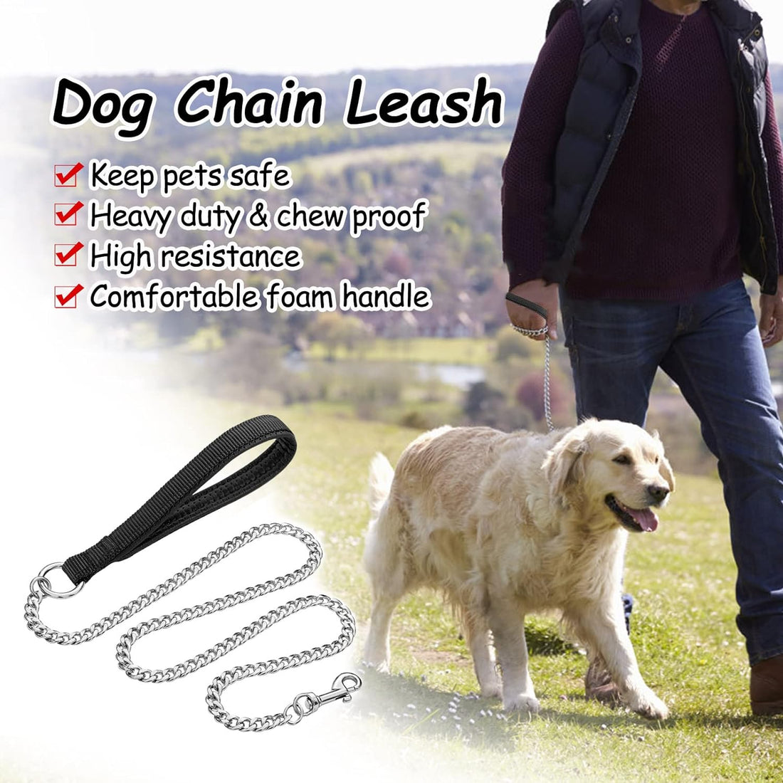 Pet Heavy Duty Metal Chew Proof Chain Leash With Padded Handle