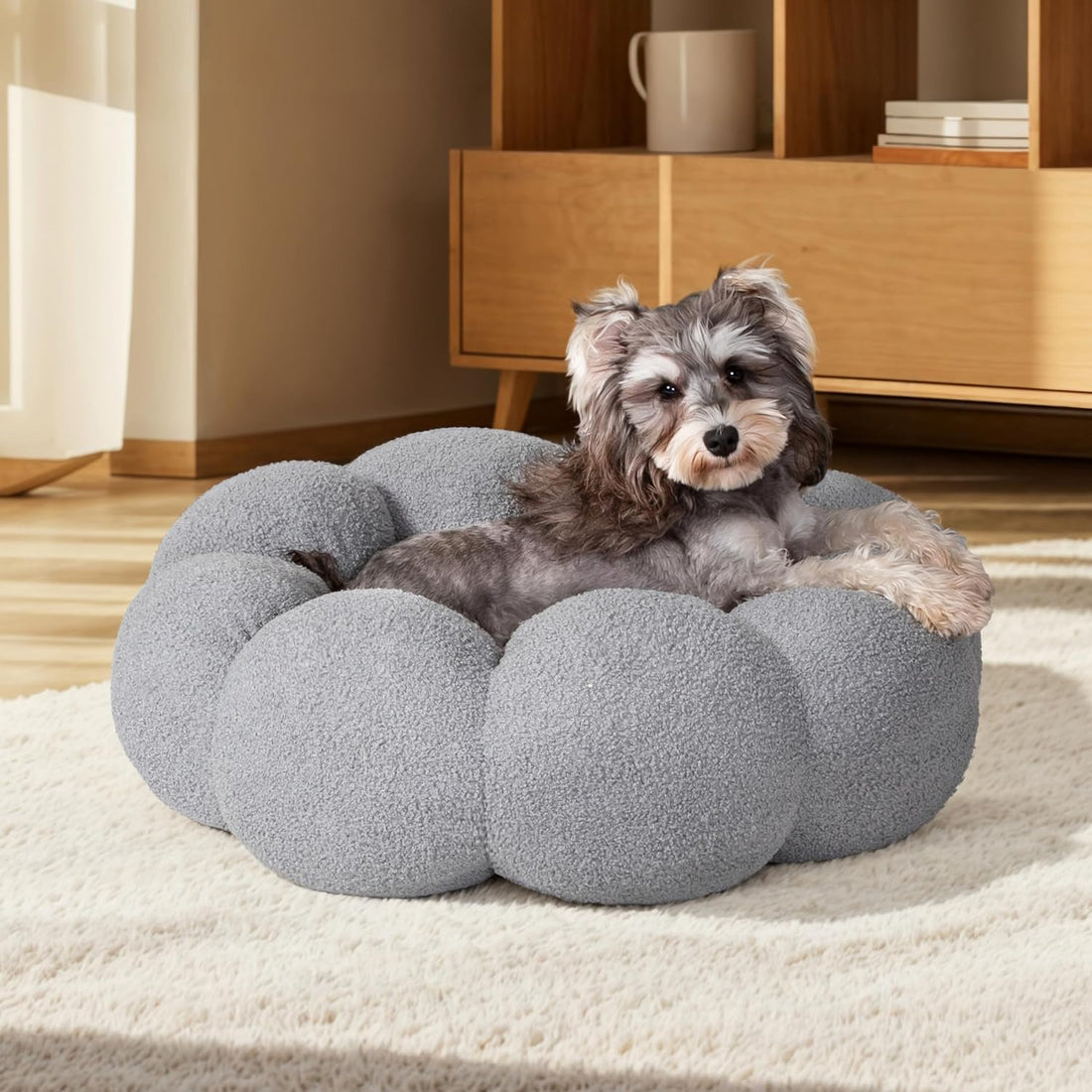 Pet Fluffy Flower Donut Calming Plush Round Bed