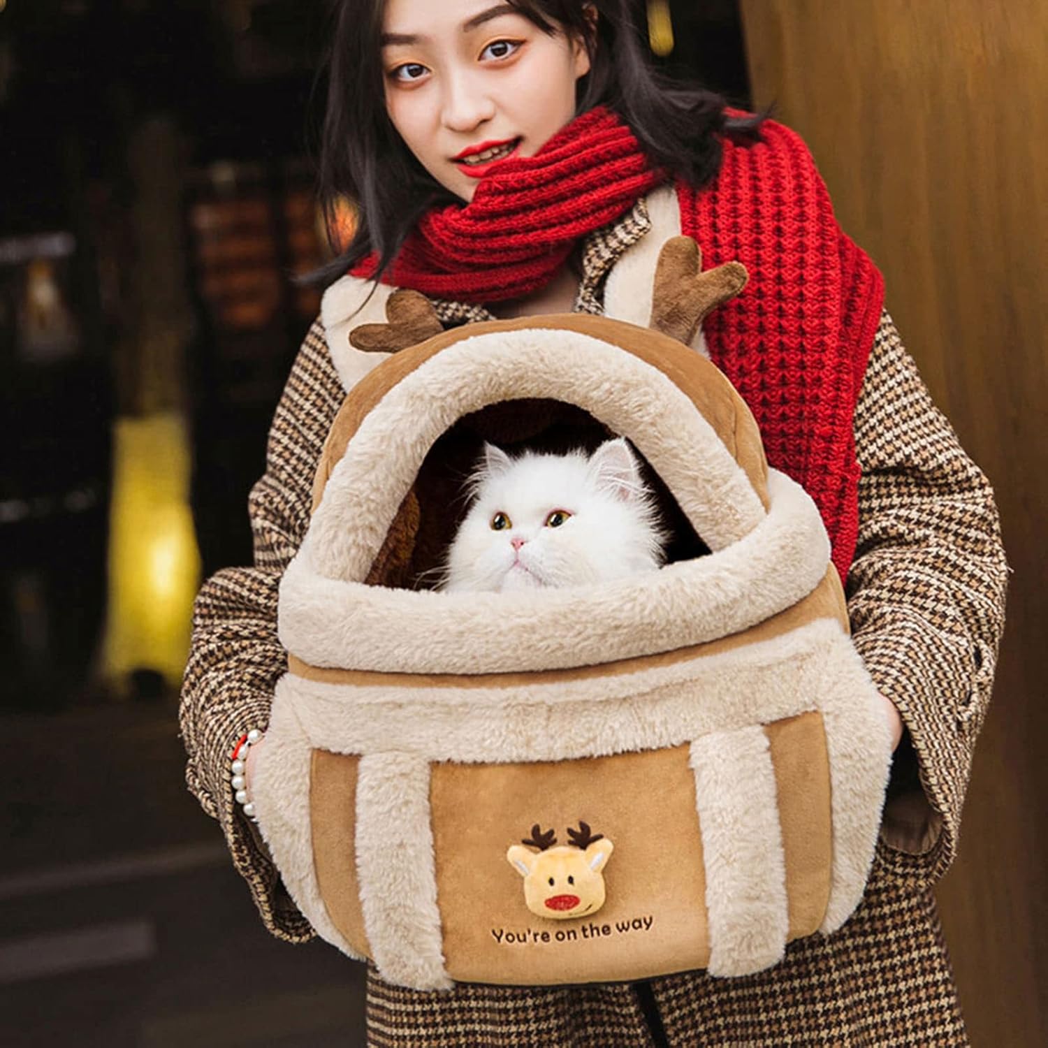 Pet Carrier Backpack Travel Bag Plush Winter Outdoor Hand Warmer