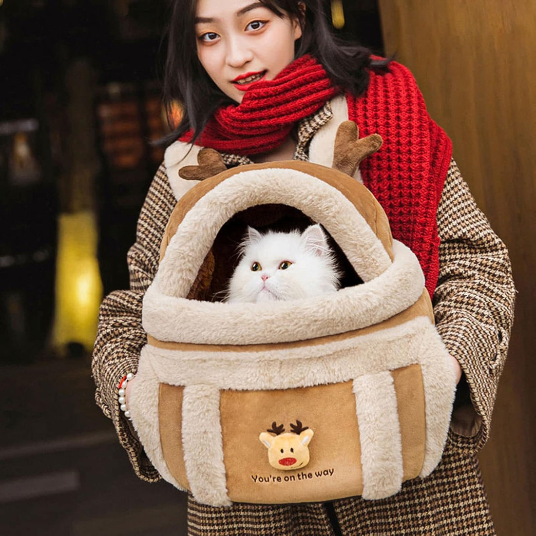 Pet Carrier Backpack Travel Bag Plush Winter Outdoor Hand Warmer