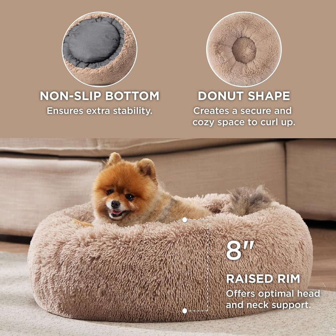 Pet Solid Color Non Slip Fluffy Round Plush Bed