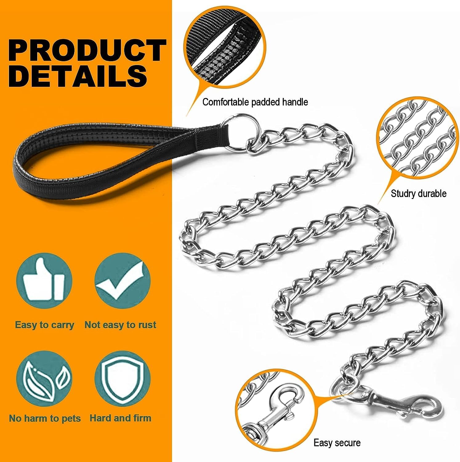 Pet Heavy Duty Metal Chew Proof Chain Leash With Padded Handle