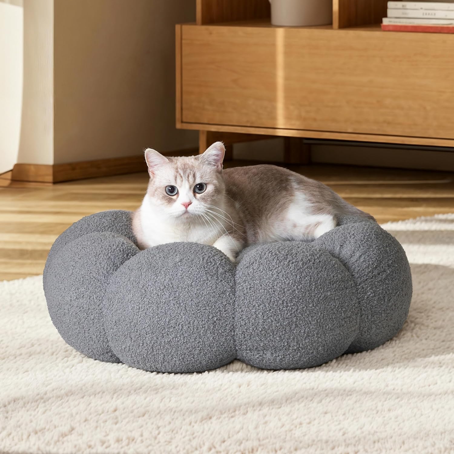 Pet Fluffy Flower Donut Calming Plush Round Bed
