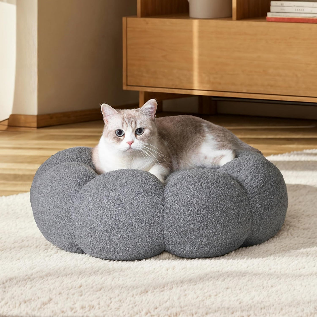 Pet Fluffy Flower Donut Calming Plush Round Bed